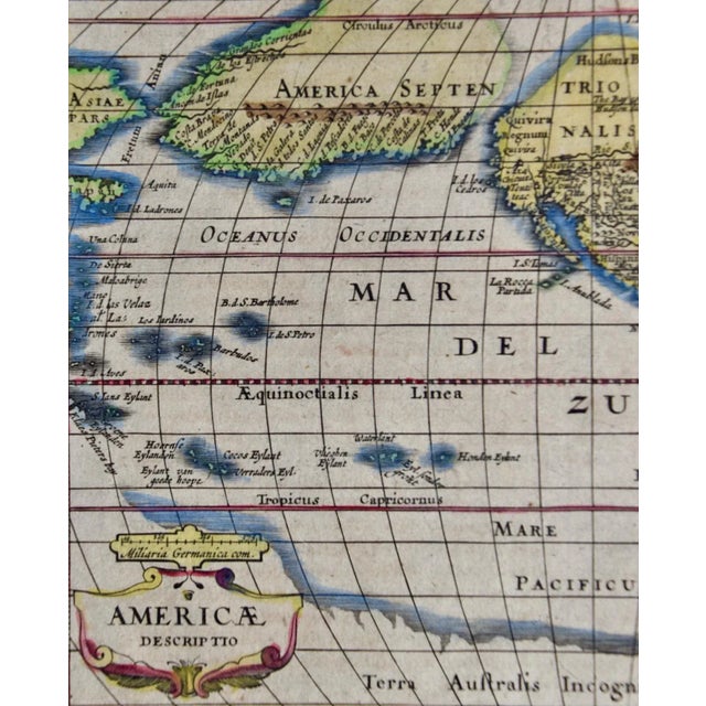 Off-white North & South America: A 17th Century Hand-Colored Map by Jansson & Goos, 1628 For Sale - Image 8 of 9