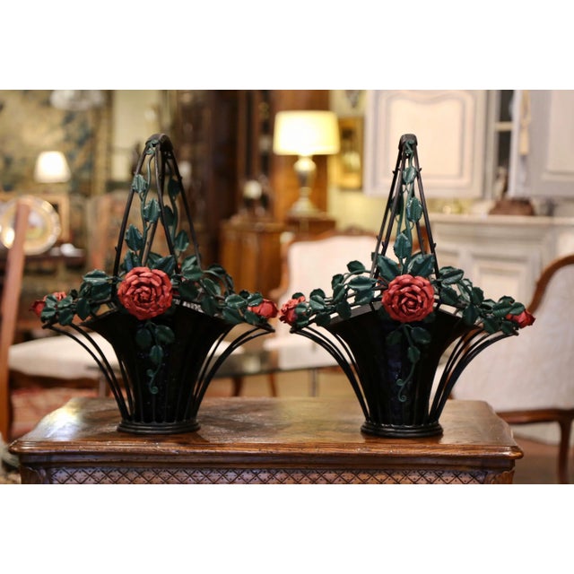 Mid 20th Century Vintage French Painted Metal Hanging Baskets With Floral and Leaf Decor - a Pair For Sale - Image 13 of 13