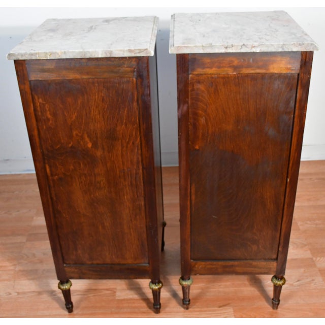 1900 Pair Antique French Louis XVI Walnut & Satinwood Marble Top Lingerie Stands For Sale - Image 10 of 12