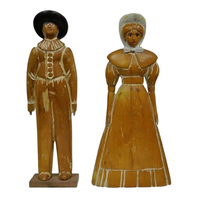 Late 20th Century Vintage Sarreid Ltd Pine Wooden Folk Art Sculptures Man and Woman - a Pair For Sale
