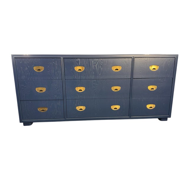 Wood 1960s Drexel Campaign Dresser Refinished in Navy For Sale - Image 7 of 12