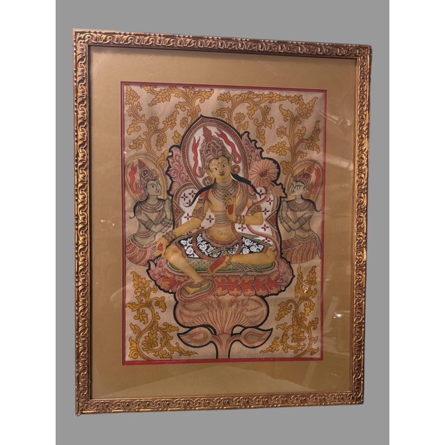Gold Antique Gilt Framed Hand Painted Tibetan Buddhist Green Tara Thangka Painting For Sale - Image 8 of 9