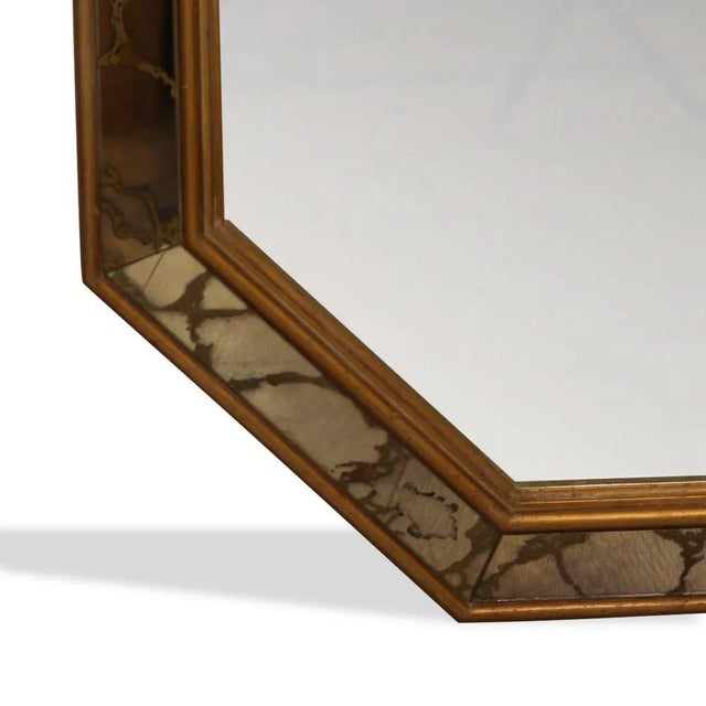 Wood 1970s Vintage Mid-Century French Giltwood, Antiqued Beveled Glass Octagonal Overlay Wall Mirror and Hanging Console For Sale - Image 7 of 7
