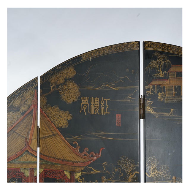 Black Antique Japanese Ebonized Chinoiserie Decorated Four-Panel Circular Screen C1920 For Sale - Image 8 of 18