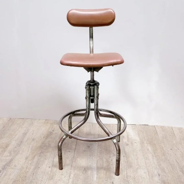 1920s Industrial Rotatable Steel and Leather Office Chair For Sale - Image 5 of 9