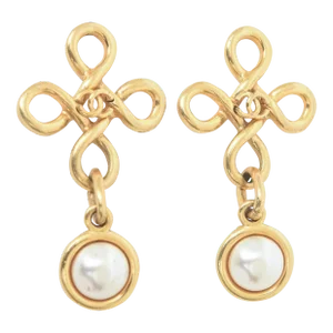 Vintage 1993 Chanel Gold Plated and Faux Pearl Clip on Dangle Earrings With CC's