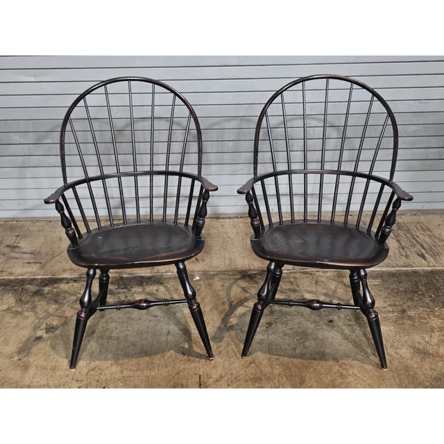 Pair of Warren Chair Works Sack Back Windsor Arm Chairs Bench Made Black Finish For Sale - Image 4 of 10