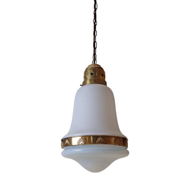 Art Nouveau Hanging Lamp in White Glass and Brass, 1920 For Sale