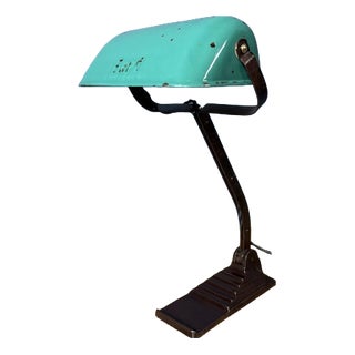 Banker's Lamp withTurquoise Enamel Shade from Erpé, 1930s For Sale