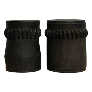 Vintage Boho Ebony Paddle Stump Low Stools - A Pair For Sale