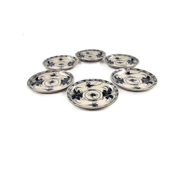 Art Nouveau Bat Trang Vietnamese Ceramic Dessert Plates With Blue Dragonfly Botanical Motif in Crackle Glaze - Set of 6 For Sale - Image 3 of 5