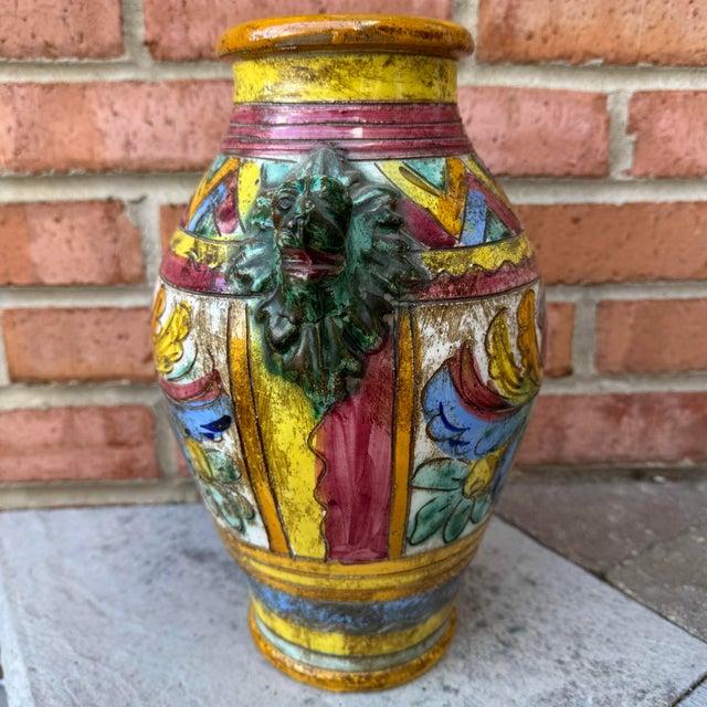 Canary Yellow Vintage Italian Majolica Sgraffito Glazed Terracotta Urn or Vase For Sale - Image 8 of 11
