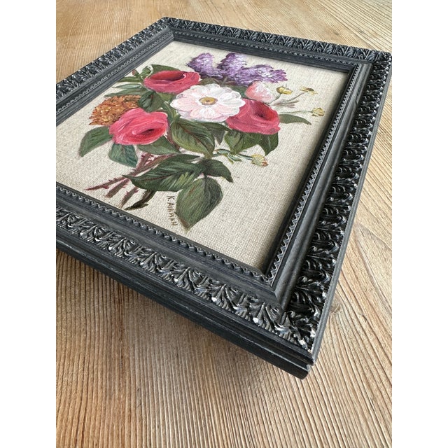 ‘Vintage Garden” 8x10 Traditional Botanic Inspired Pink and Purple Floral Painting on Natural Linen Canvas Framed in Antique Style Black Frame. For Sale - Image 4 of 8