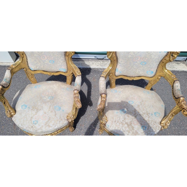 Wood Mid 20th Century A Pair of Oversized Gilt Wood Rococo French Armchairs For Sale - Image 7 of 13