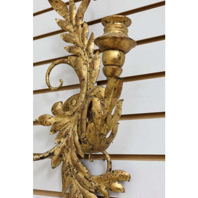 1990s Pair French Style Gold Gilt Metal Candelabra Sconces For Sale - Image 5 of 8