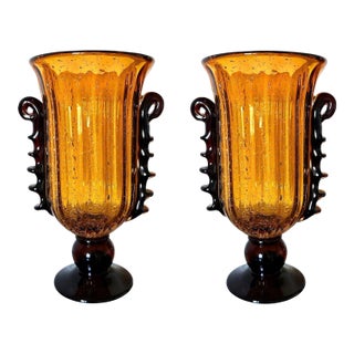 1980s Pair of Amber Murano Glass Vases, Neoclassical Style For Sale