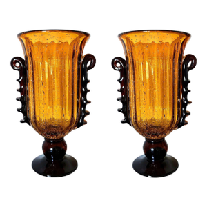 1980s Pair of Amber Murano Glass Vases, Neoclassical Style