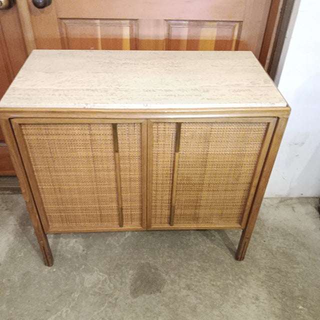 Mid 20th Century Vintage Mid Century Modern Sideboard With Cane Front and a Cream Travertine/Limestone Matte Finish Top For Sale - Image 5 of 18