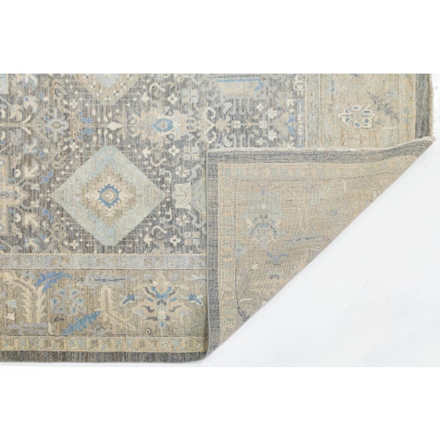 Modern Modern Tabriz Style Wool & Silk Area Rug – Slate Grey & Sky Blue Geometric 10x14 For Sale - Image 3 of 11