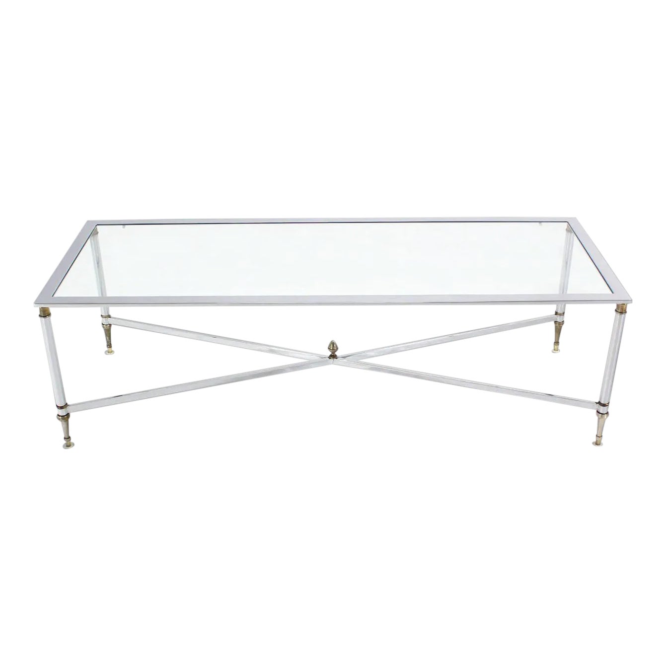 Vintage Chrome Brass X Base Glass Top Long Rectangle Coffee Table