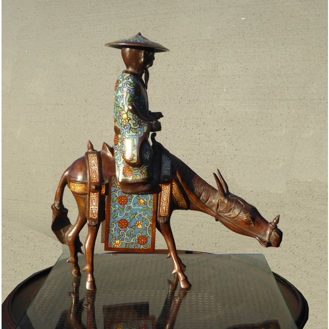 Vintage Asian Bronze Cloisonne Man on a mule Statue Figuerine Unique Statue in Great Vintage Condition. Solid and Firm....