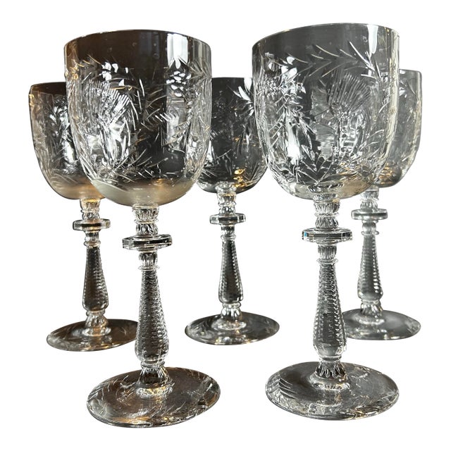 Antique 1930’s Rock Sharpe Crystal Stem Wine Glasses Paisley Pattern Set of 5 For Sale