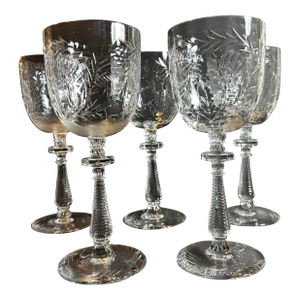 Antique 1930’s Rock Sharpe Crystal Stem Wine Glasses Paisley Pattern Set of 5