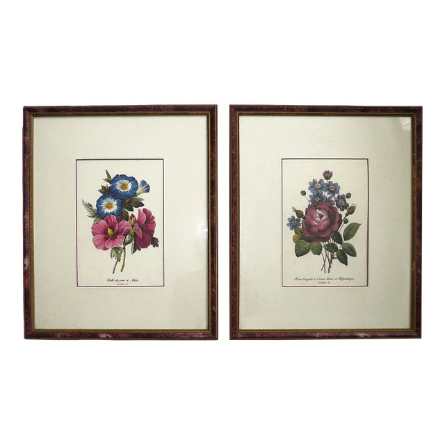 Pair of French P. J. Redoute Floral Lithographs Prints Morning Glories & Roses Floral Flowers Framed For Sale