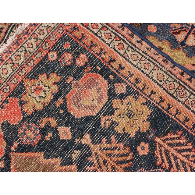 Tribal Medallion Design Antique Persian Serab Rug in Camel and Shades of Blue For Sale - Image 12 of 13