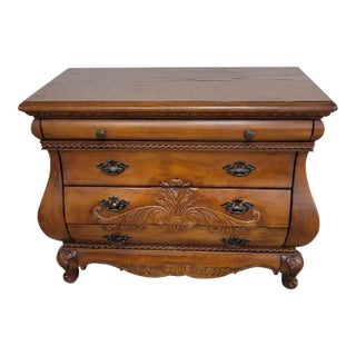 Vintage French Style Carved Walnut Bombe Chest of Drawers, Circa 1980 For Sale