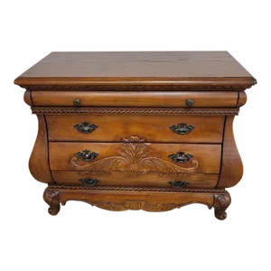 Vintage French Style Carved Walnut Bombe Chest of Drawers, Circa 1980