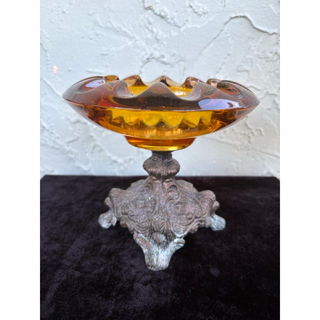 Antique Amber Glass Compote on Ornate Cast Metal Base, C. 1900–1920 For Sale - Image 4 of 10