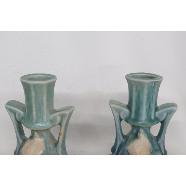 Roseville Pottery Roseville Pottery Clematis Ceil Blue Candlestick Holders 1159 a Pair 4687b For Sale - Image 4 of 15