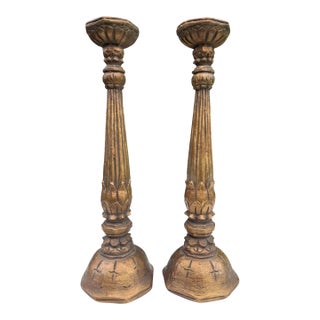 Vintage Tall Neoclassical Gilt Plaster Column Candlesticks, a Pair For Sale
