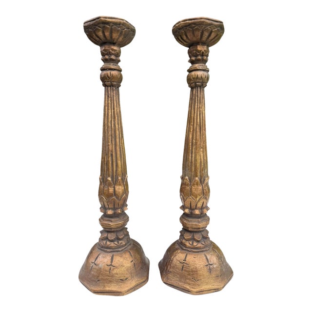 Vintage Tall Neoclassical Gilt Plaster Column Candlesticks, a Pair For Sale
