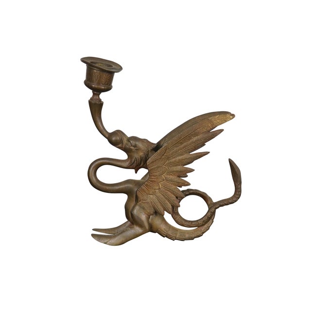 Chinoiserie Vintage Chinoiserie Brass Phoenix Griffin Dragon Candlesticks Candle Holders- Set of 2 For Sale - Image 3 of 14