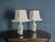 Pair of painted porcelain table lamps with pagoda shades Era & style: China, 20th century : Handsome pair of painted...