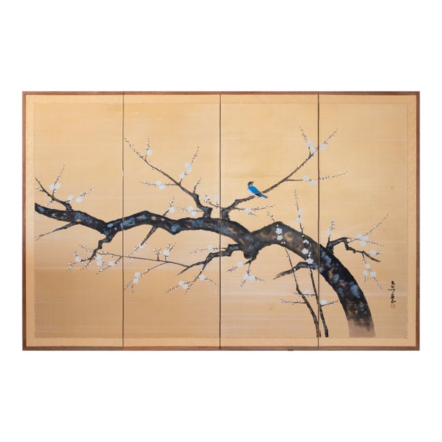 1960s Large Shōwa Era Japanese Silk Byobu Screen "Flycatcher and Sakura" For Sale