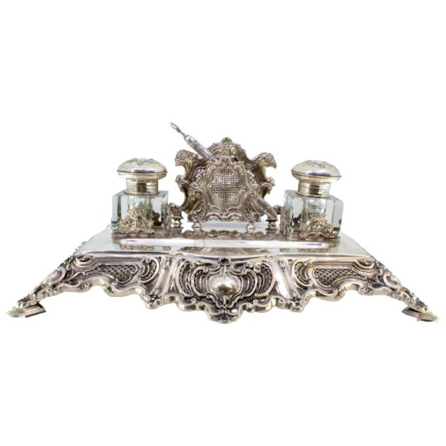 Inkwell in Cut Silver with Shell Reliefs, Letter Holder, Pen and Feet For Sale - Image 9 of 9