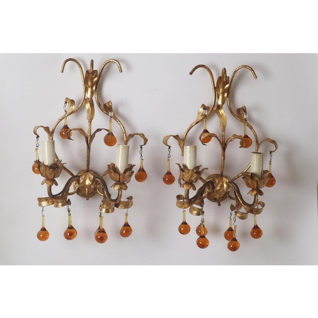 Gold Wall Lamps with Dropping Crystal Glass, Italy, 1960s, Set of 2 For Sale - Image 8 of 14