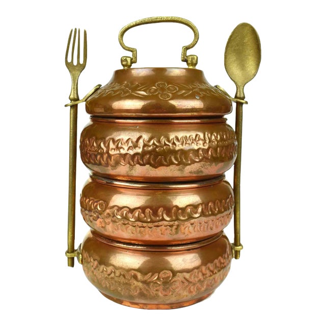 Mid 20th Century Hand Hammer Engraved Stackable Three Compartments Tiffin Copper and Brass Lunch Box For Sale