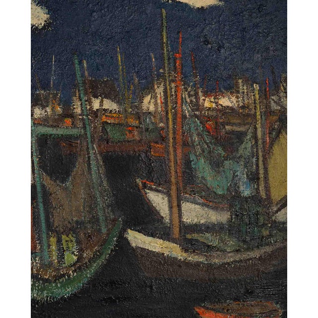 Hubert Henri de Vries (1899‑1979), Belgian artist, Boats in the Harbor, Antwerp, canvas 85 × 100 cm. Rendered in dominant...