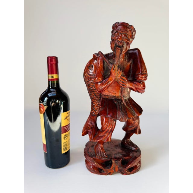 Mid-Century Hand-Carved Chinese Fisherman Statue For Sale - Image 10 of 10
