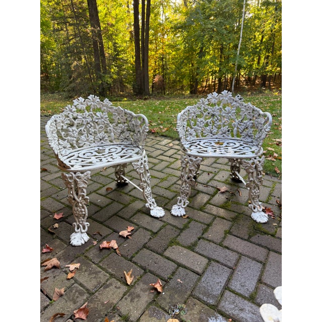 Early 20th Century White Cast Iron Grapevine Antique Victorian Outdoor Garden Furniture Suite-Set of 5 For Sale - Image 5 of 13