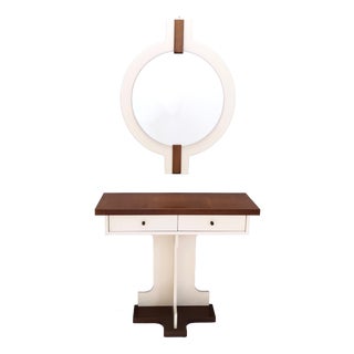 Postmodern Ivory Lacquered Walnut Wall Mirror and Console Table, Italy, 1970s, Set of 2 For Sale