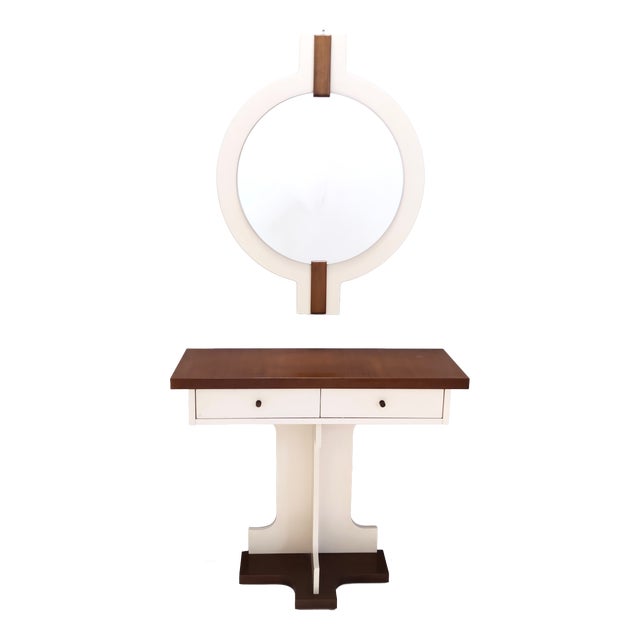 Postmodern Ivory Lacquered Walnut Wall Mirror and Console Table, Italy, 1970s, Set of 2 For Sale