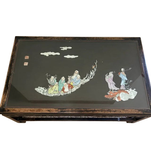 Mid-Century Chinese Black Lacquer Coffee Table With Hand-Painted Kutani Porcelain Immortals Relief For Sale - Image 4 of 18