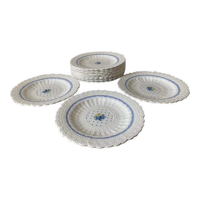 Early 20th Century English White Lace Floral Blue Polka Dot Porcelain Plates by Spode- Set of 12 For Sale