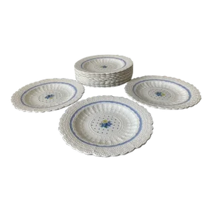 Early 20th Century English White Lace Floral Blue Polka Dot Porcelain Plates by Spode- Set of 12