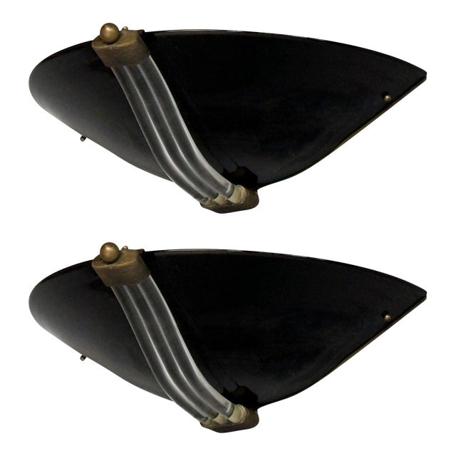 Pair of Italian Modern, Black Murano Glass, Brass, Large Sconces, Italy, 1930s For Sale